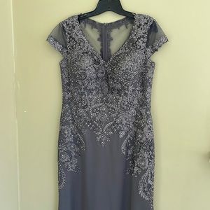 MGNY Gown Formal Dress Gray Floor Length Satin Embellished Size 10